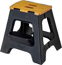 Vigar Compact Folding Stool for Adults, 40 cm Folding Stool with Two Steps Non-Slip for Home, Bedroom, Bathroom, Wardrobe, Office, Supports up to 150 kg, Black, Bamboo Print on Top