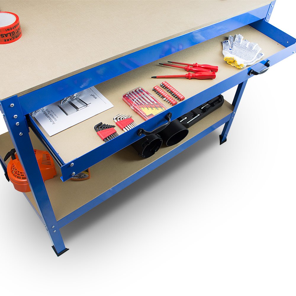BITUXX Werktisch Werkbank Arbeitstisch Arbeitsplatte Lochwand Schublade Werkstatt 115 x 55 x 140 cm Blau