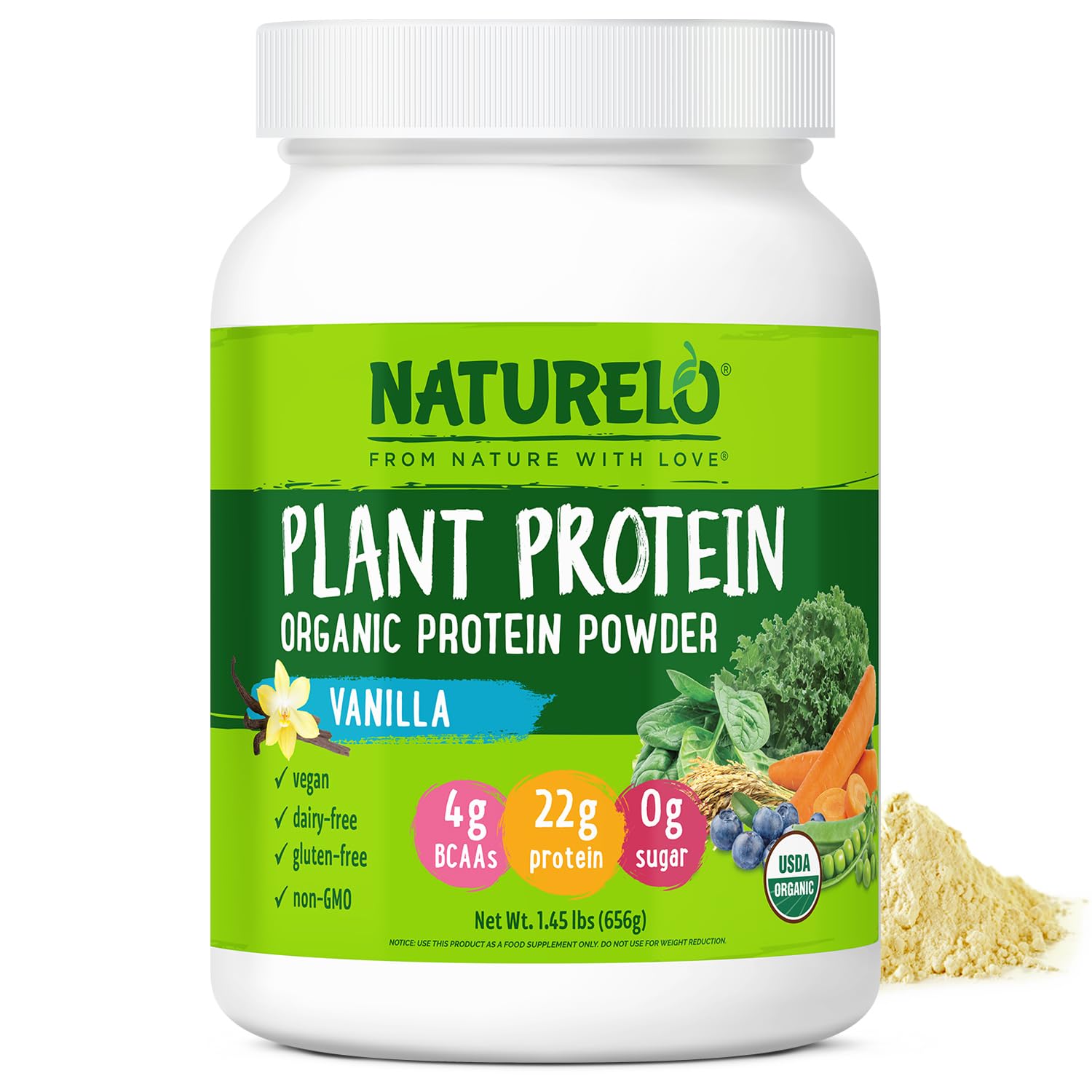 NATURELOPlant Protein Powder, Vanilla, 22g Protein - Non-GMO, Vegan, No Gluten, Dairy, or Soy - No Artificial Flavors, Synthetic Coloring, Preservatives, or Additives - 20 ServingsUSDA Organic
