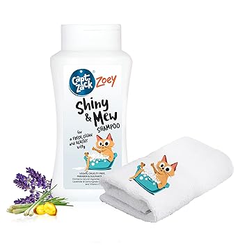 Captain Zack Combo| Zoey Shiny & Mew Sulphate Free Cat Shampoo 200ml Soothes Itchy Skin, Natural Tick & Flea Repellent + Zoey Signature Hand Towel 200g for Quick Absorbent & Ultra Soft for Pets