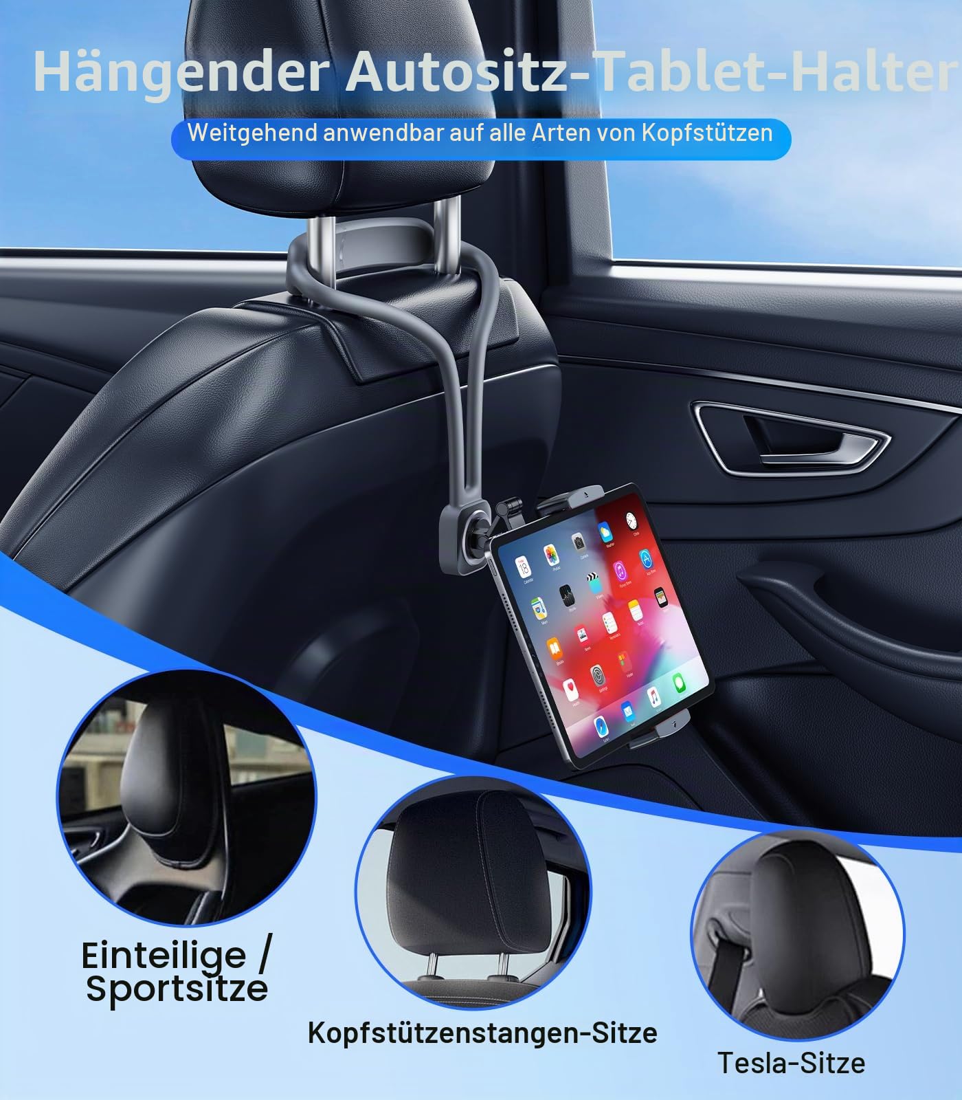 Auto-iPad-Tablet-Halterung, Rücksitz-Zubehör für Tesla/Sport/Bucket/Performance-Sitze, hintere Kopfstützen-Tablet-Aufhänger-Halterung für Kinder/Erwachsene, Roadtrip-Essentials mit Auto-TV