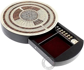 House of Cribbage - 10" Round Shape 4 Tracks Continuous Cribbage Board Rosewood/Maple - Push Drawer with Score Marking Fields for Skunks, Corners & Won Games