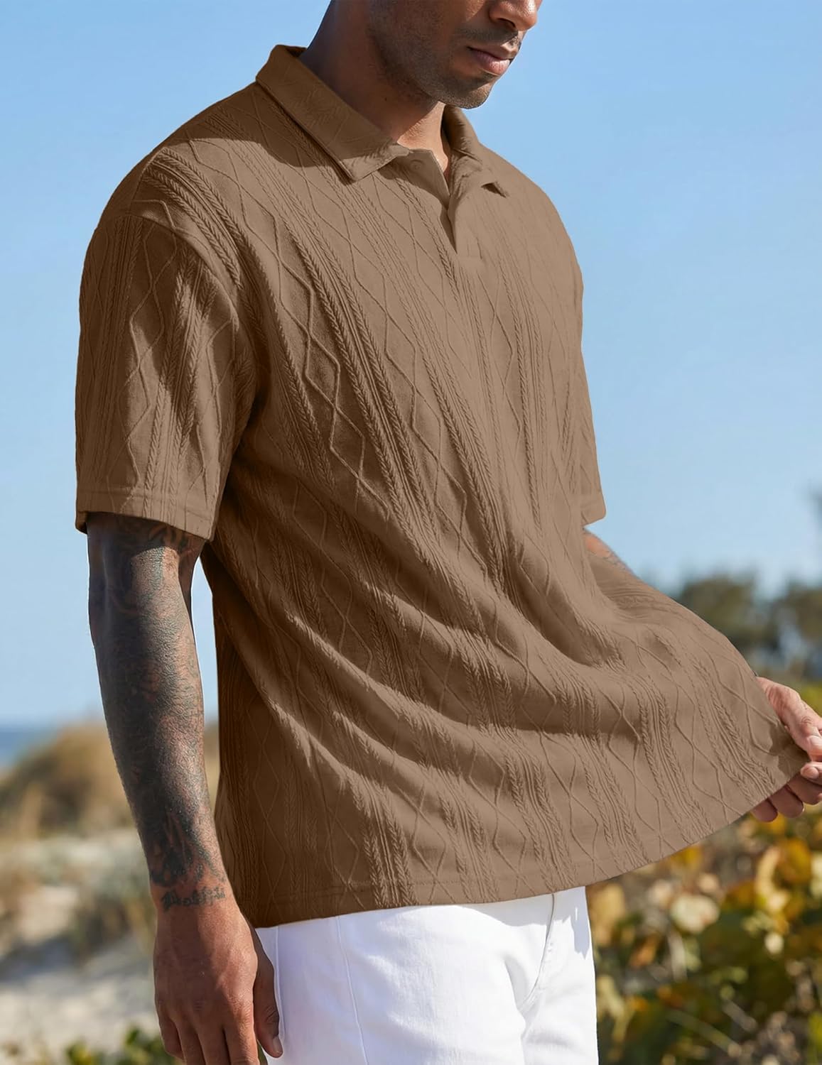 JMIERR Mens Polo Shirt Textured Knit Button Casual Short Sleeve Summer Vacation Beach Stretchy Golf Shirts - Image 3