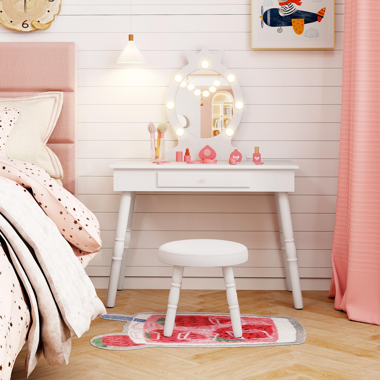 LIFEZEAL Specchiera Trucco Bambina, con 7 LED, 3 Colori di Luci, Postazione Trucco Bambina, con Sgabello Imbottito, Cassetto e Specchio di Corona, Toeletta Trucco per Bimbi 3-7 Anni (bianco)