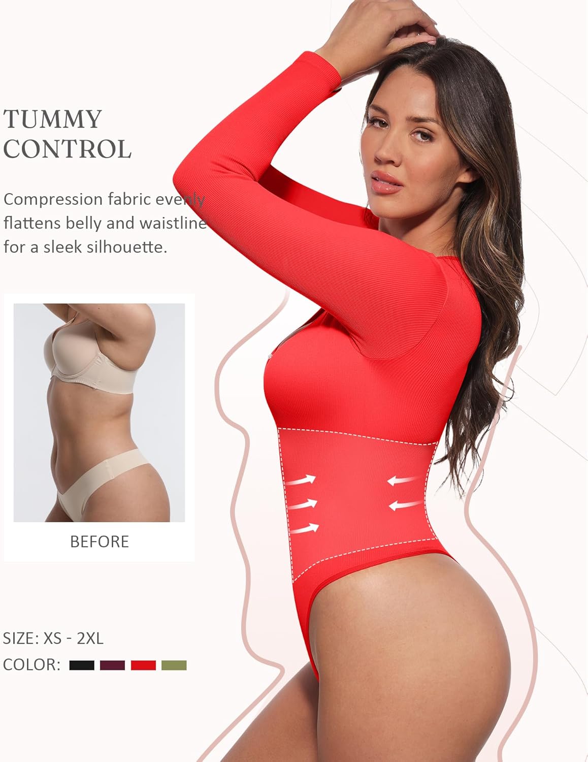 FeelinGirl Long Sleeve Shapewear Bodysuit for Women - Tummy Control Body Suits Seamless Thong Round Neck Body Shaper - Image 2