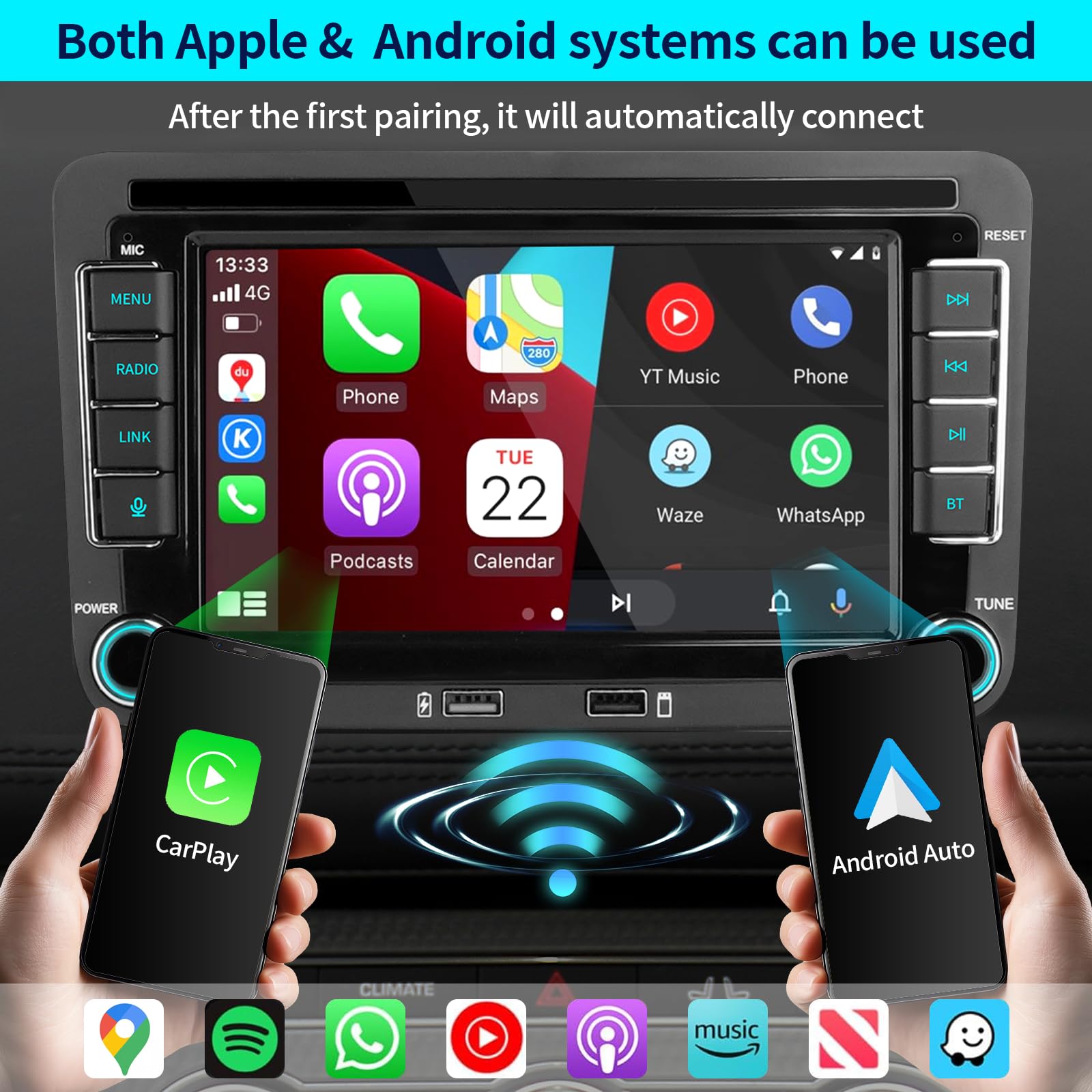 Autoradio per VW Golf R32/Plus/5/6, Passat, Polo T5,Seat, Touran, Skoda, supporto Carplay wireless/cablato e Android Auto, Radio supporto AM/FM/RDS/USB,BT,DSP, autoradio touch screen HD da 7 pollici