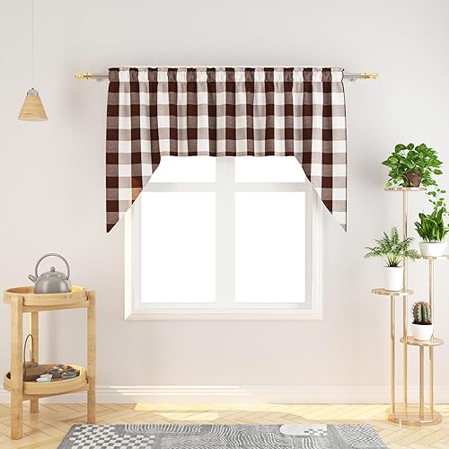 Miniatura 56 de Cortina ajustable con cenefa para ventana de cocina Buffalo Check, a cuadros, gingham, estilo granja, con bolsillo para barra, para baño, 42 x 45