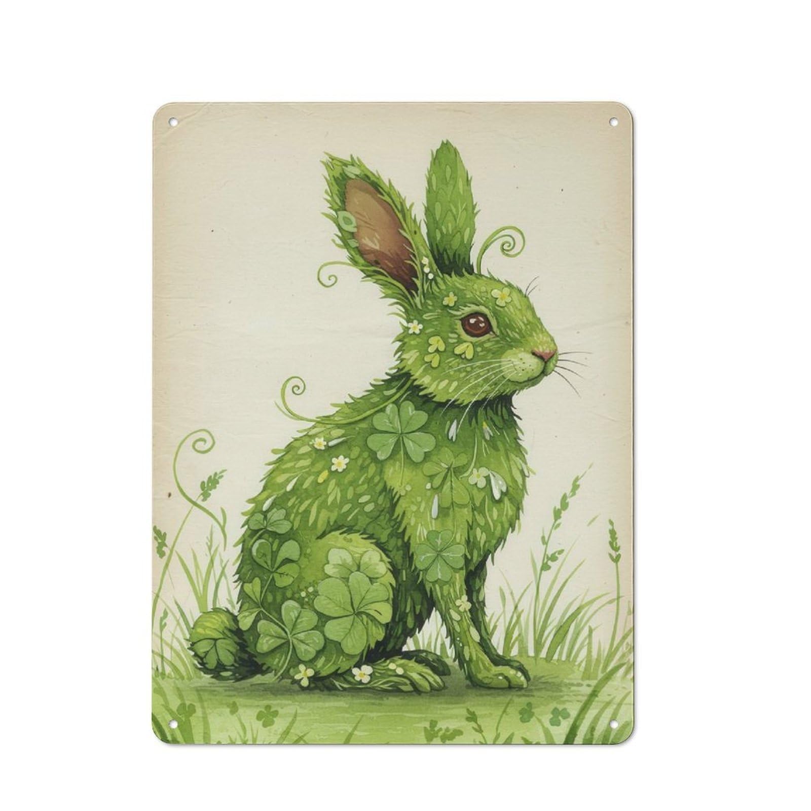 Metal Plaque 40x30cm with Green Clover Rabbit Illustration for Pub Or Café, Retro Decor, for Pub Decor Enthusiasts Refreshing A Room in Autumn
