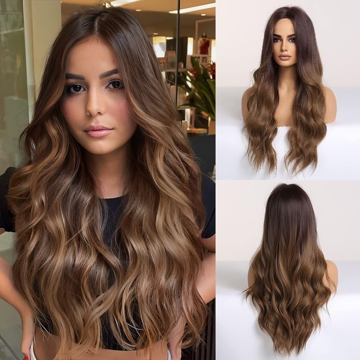 Brown Wig for Women, Long Wavy Ombre Wig, Layered Brunette Wigs, Natural Looking Middle Part Heat Resistant Synthetic 65 cm Wig for Daily Party Use Cosplay