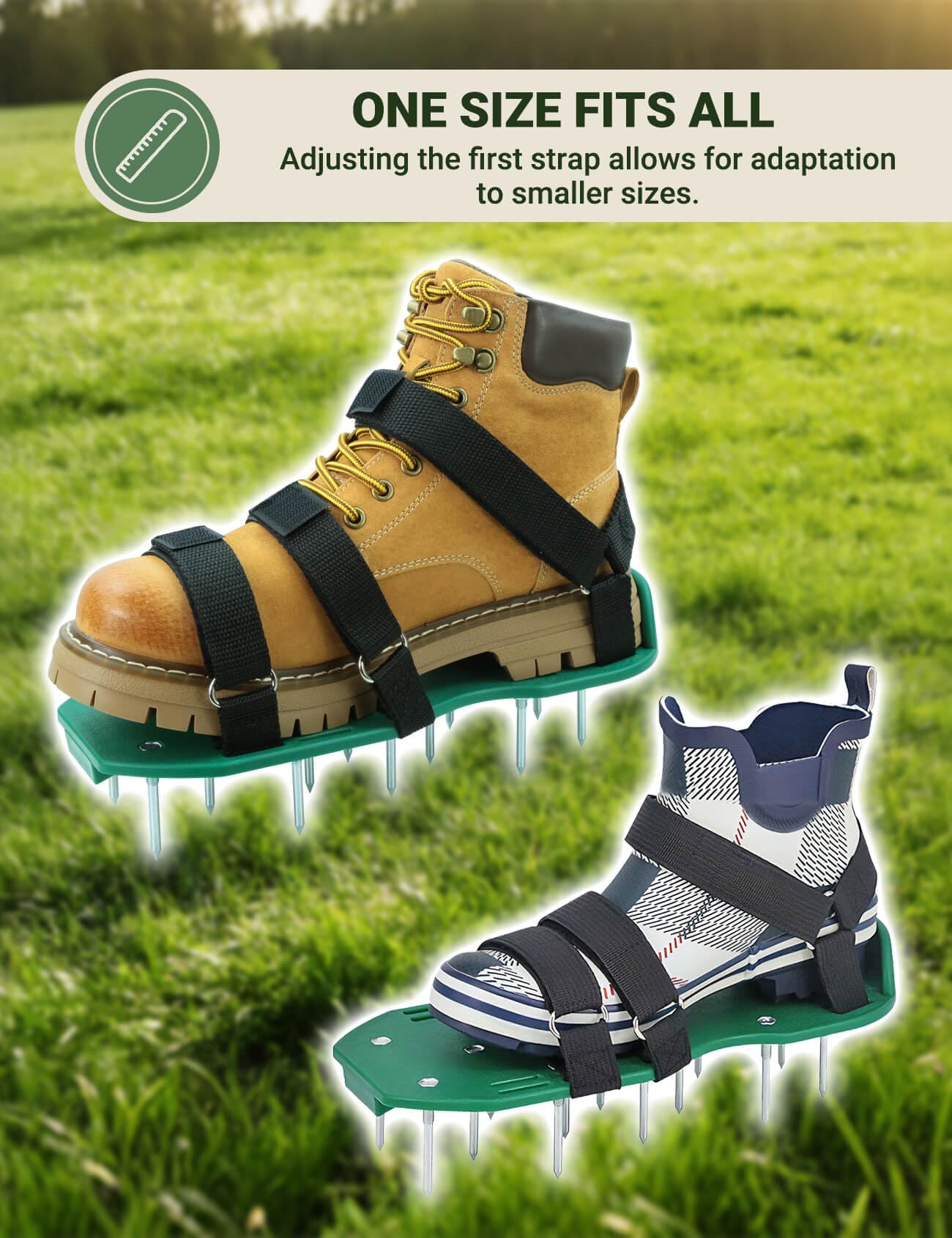 Zapatos aireadores de césped con correas dobles en el empeine, sandalias de aireación resistentes con pinchos para una aireación efectiva, tamaño universal, escarificador y aireador de césped