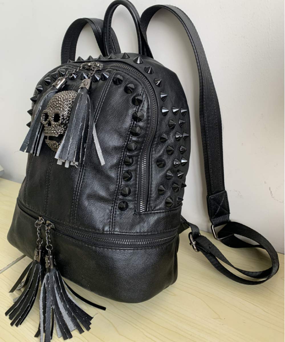 Zaino da donna con teschio, borchiato, alla moda, stile gotico, con nappe e cerniera