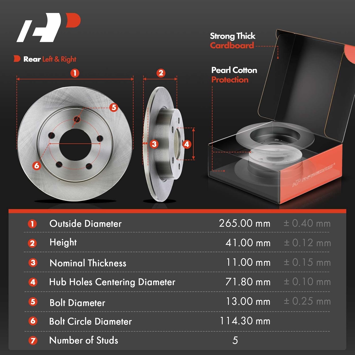 a-premium 10.43 inch (265mm) rear solid disc brake rotors + ceramic pads kit compatible with select mazda models - 3 2005 2006 2007 2008 2009 2010 2011 2012 2013, 6-pc set