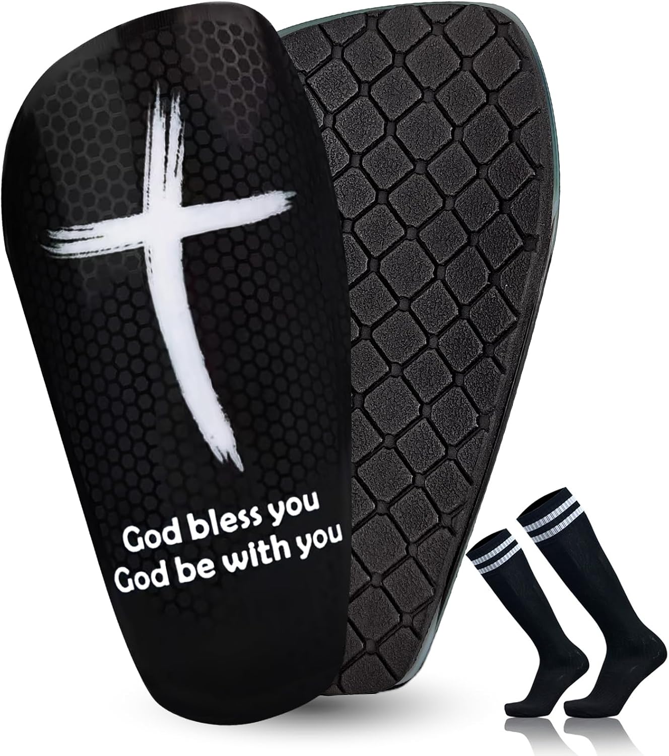 TOMIYO Soccer Shin Guards with Socks Kids 10-12 Calf Protective Equipment | Cross Printed Design Kids Soccer Shin Pads & Anti Slip Knee High Socks Set, Light EVA Shock Absorbing Pads for Boys Training
