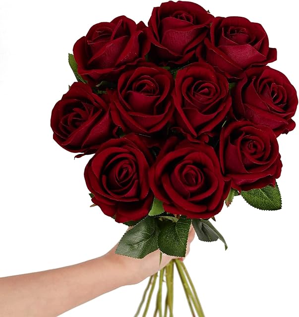 Cotemdery Artificial Velvet Roses Silk Burgandy Rose Fake Red Flowers with Stem Floral Gift for Wedding Arrangement Party Home Decor