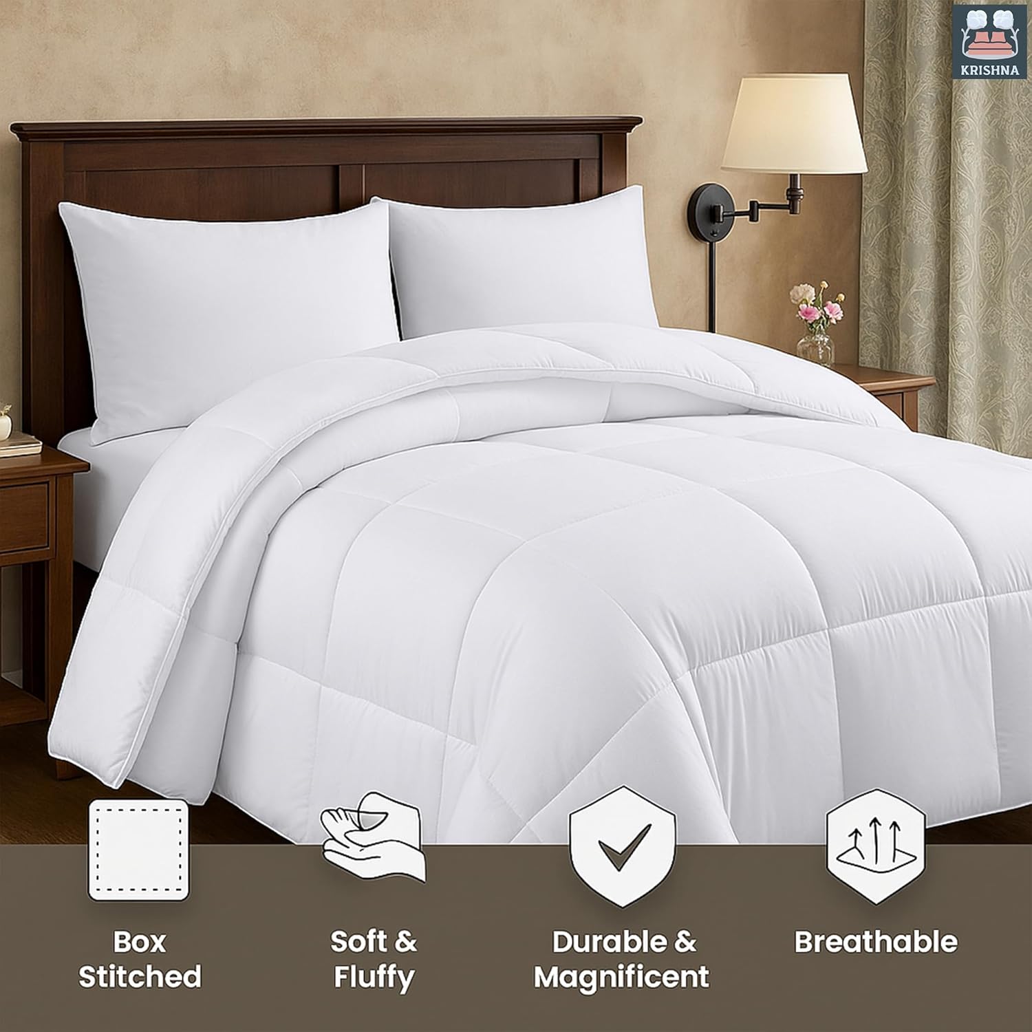 KRISHNA All Season Down Alternative Comforter Duvet Insert with Corner Loops, Ultra Soft Fluffy, Breathable, Box Stitched, Queen 90" x 92", White