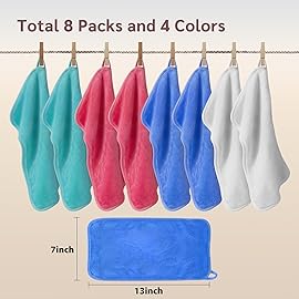 Nugilla Reusable Makeup Remover Cloths, 8 Packs Microfiber Cleaning Cloth Fast Drying Facial Washcloth, Ultra Soft Washing Towel for All Skin, 7 x 13 inch Green/Pink/Blue/White