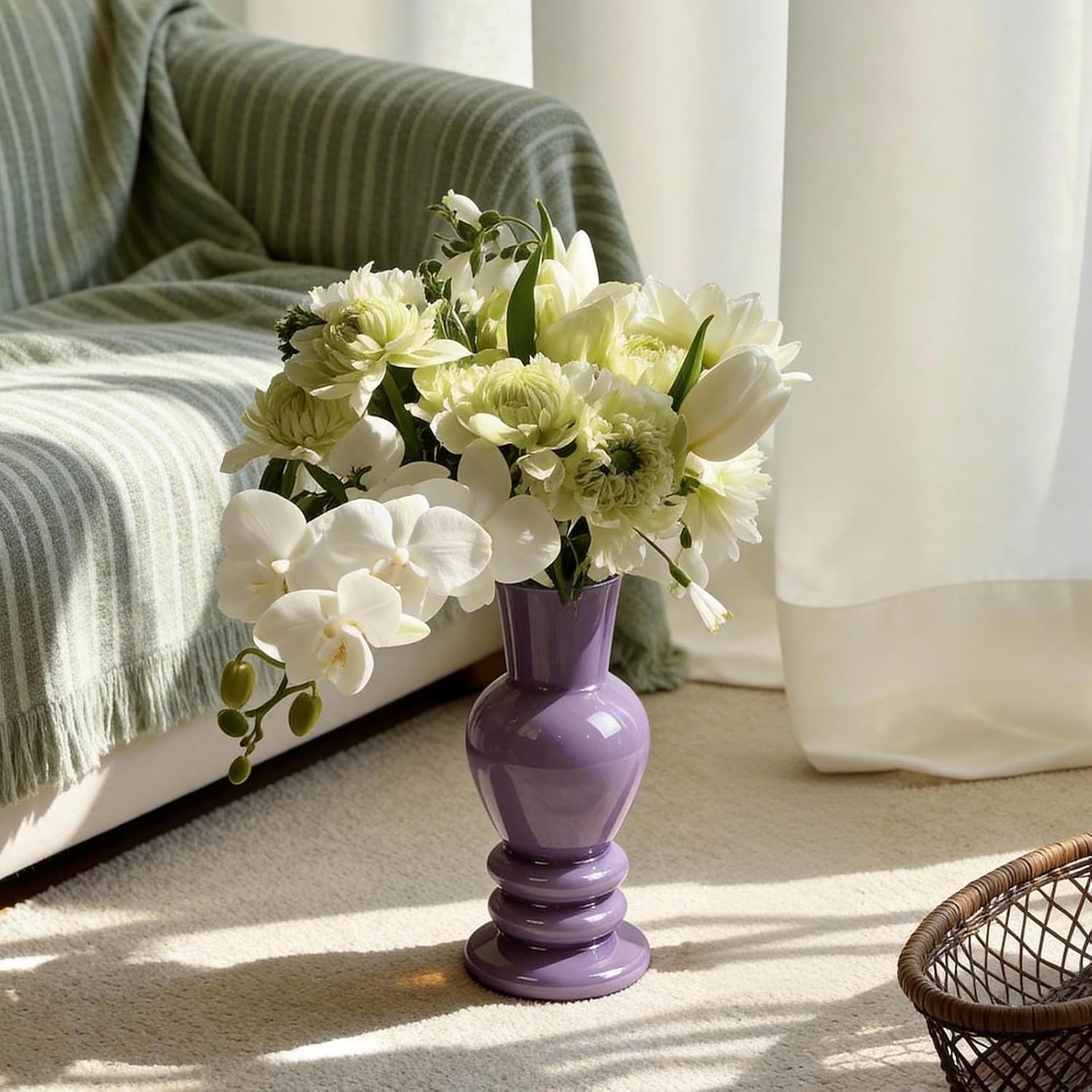 Handmade Glass Vase with Porcelain-Like Finish 8" Roman Column Vase for Flowers Matte Morandi Mother's Day Vase for Modern Home Decor Easter Table Decorations (Lavender)