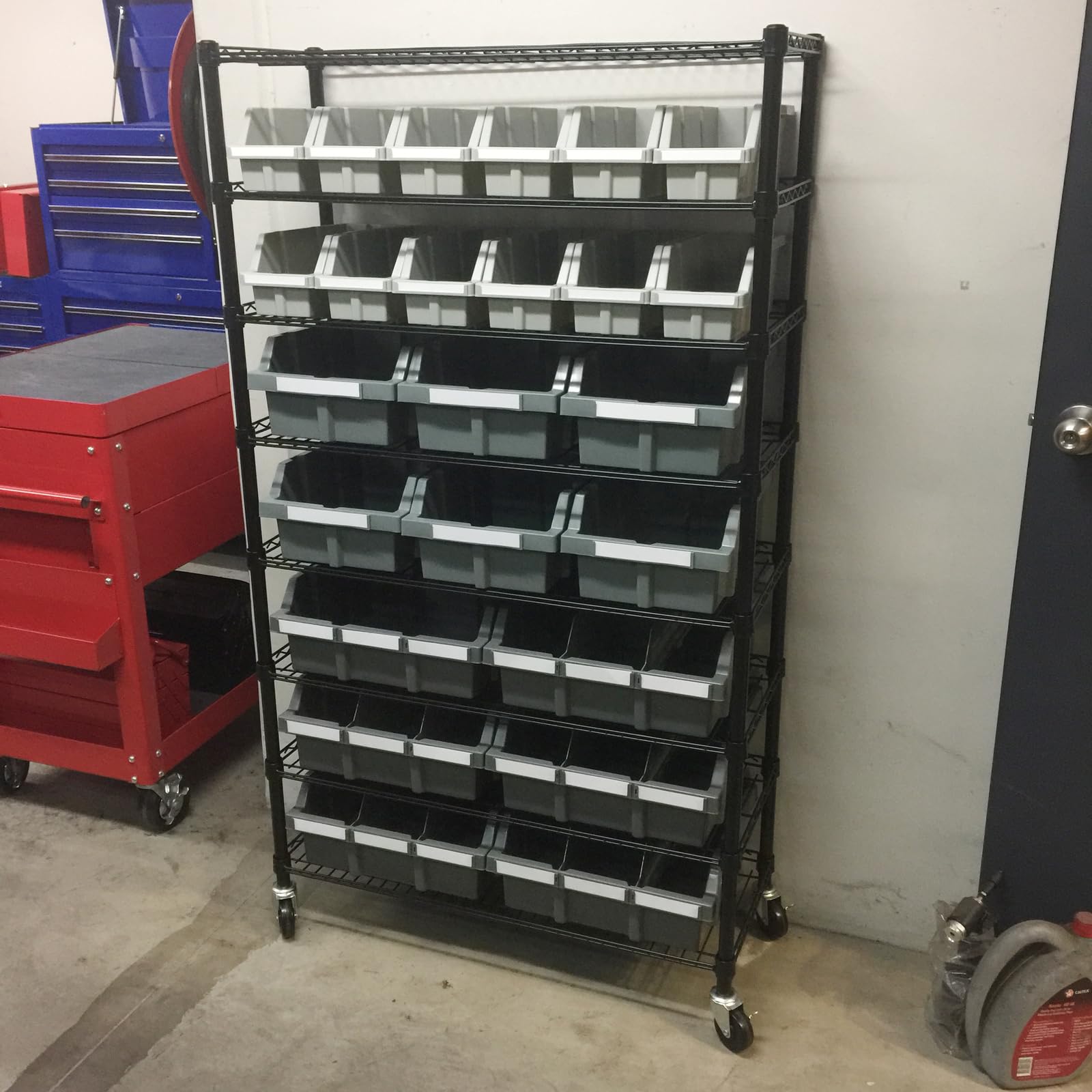 Garden Store Direct Grey Seville 8 Shelf Commercial Bin Rack With 24 Bins And Wheels She16500