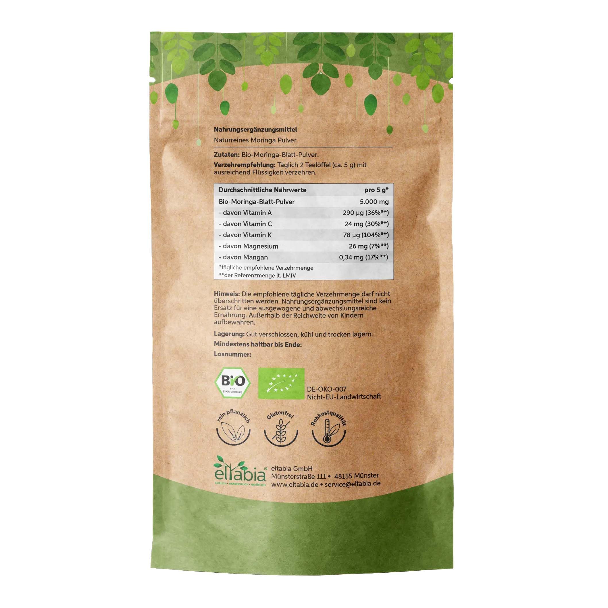 Bio Moringa Pulver 1kg | Moringa Oleifera Blattpulver in Premium Rohkost Qualität | 100% rein ohne Zusätze Vegan | (DE-ÖKO-007) aus Indien
