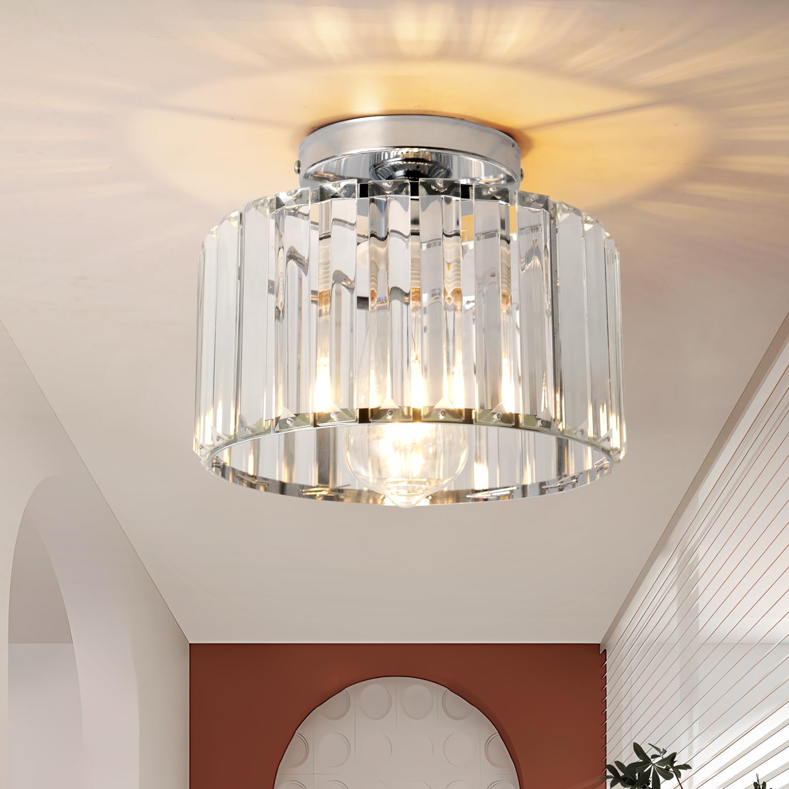 Hudi Fyier Chrome-Nd Modern Crystals Ceiling Lighting Fixtures, Chrome Small Ceiling Lamp, Semi Flush Mount Ceiling Light For Kitchen Hallway Dining Rooms Living Rooms
