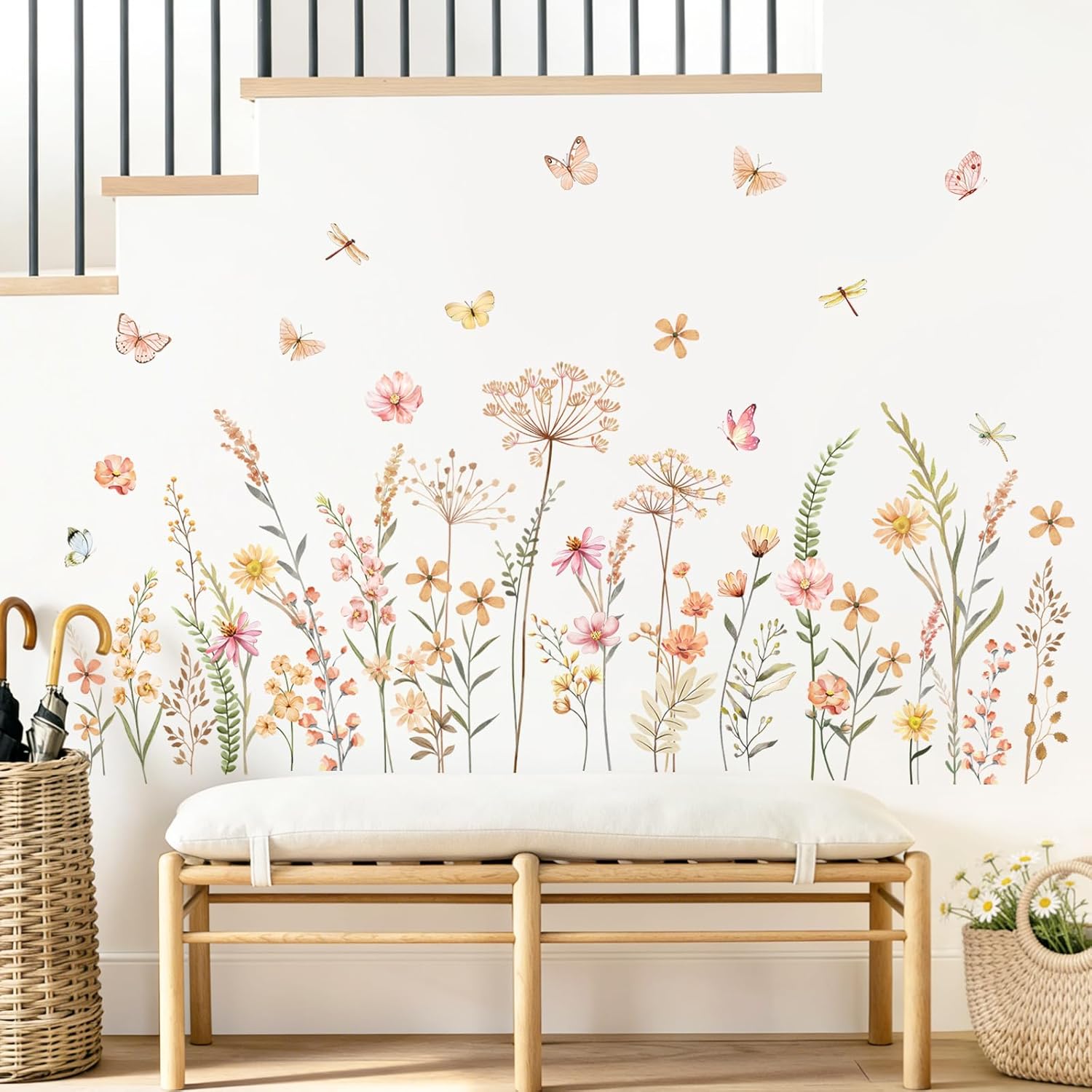 Boho Flower Wall Decals Bohemia Wildflower Grass Wall Stickers Peel and Stick Vinyl Decor for Girls Bedroom Living Room Office TV Sofa Backdrop Home Decor Gifts for Mom