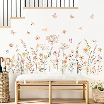 Boho Flower Wall Decals Bohemian Wildflower Grass Wall Stickers Peel and Stick Vinyl Decor for Girls Bedroom Living Room Office TV Sofa Backdrop Home Decor Gifts for Mom