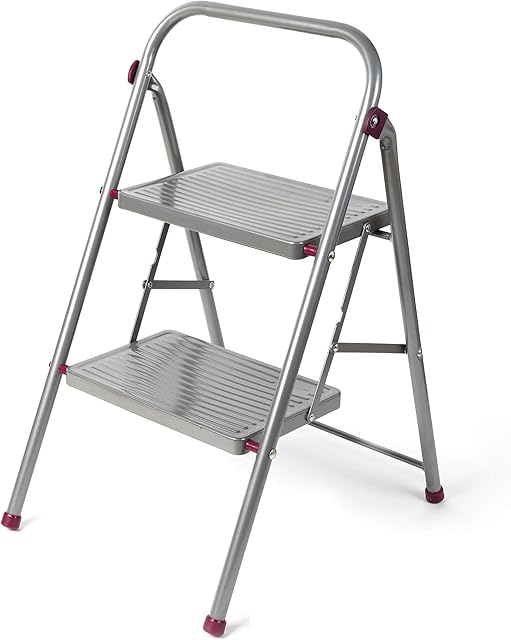 Kleeneze KL068491EU 2-Step Folding DIY Stepladder, Non-Slip Feet, Collapsible for Compact Storage, Ergonomic & Lightweight Design, Strong Steel Structure, Safety Clip, 150kg Capacity, 80cm, Pink/Grey