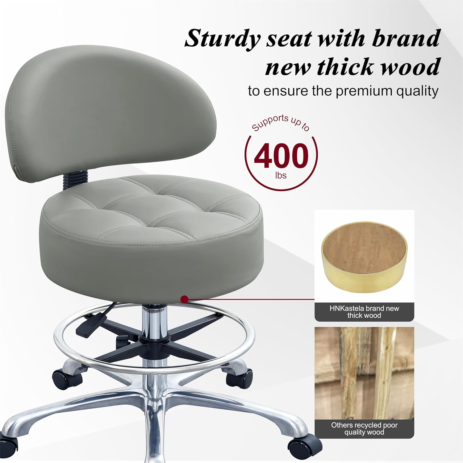 Height Adjustable Rolling Shop Stool with Back Support - Kitchen Stool with Wheels Heavy Duty for Salon, Spa, Massage, Tattoo, Esthetician - Extra Thick for Extreme Comfort