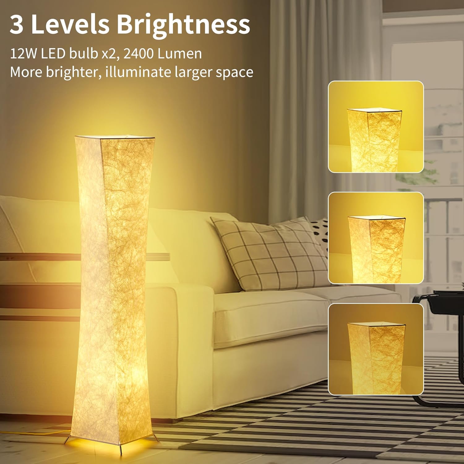 The chiphy floor lamp demonstrating its three levels of brightness: 100%, 50%, and 10% illumination.