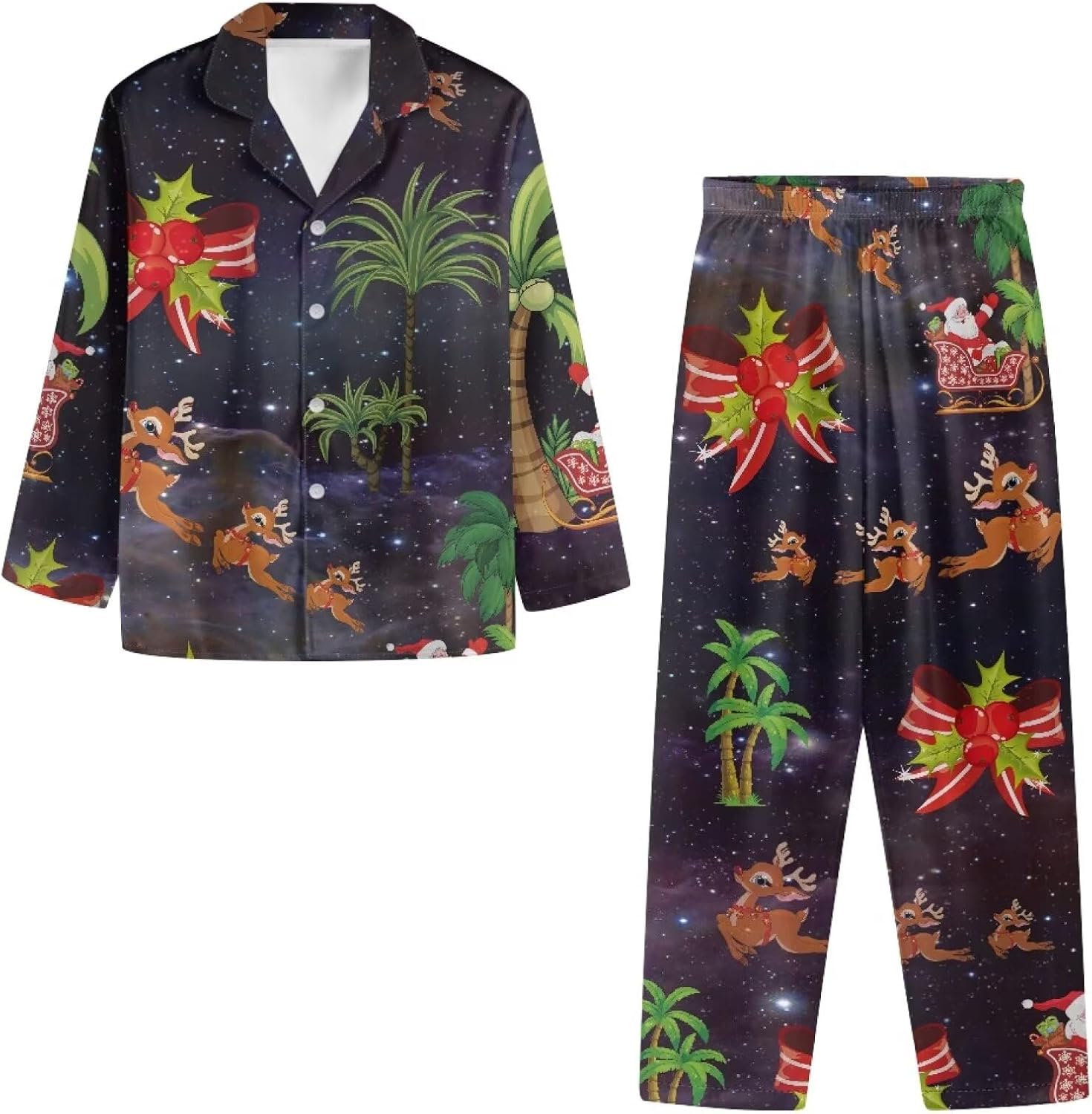 AmzPrint Snowman Candy Cane Print Christmas Black Pajamas Men Lightweight Button Down Pajamas Men Set