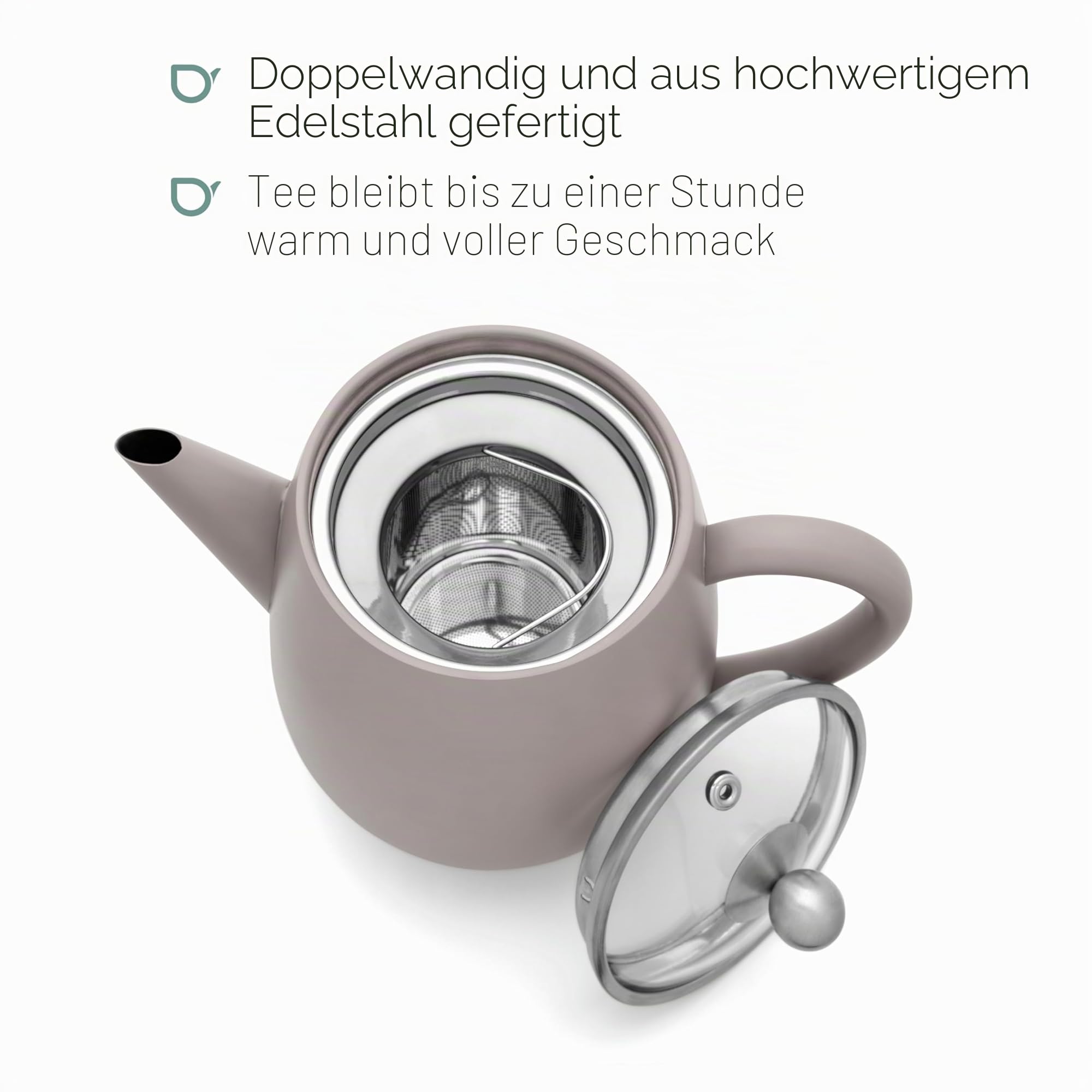 Bredemeijer graue doppelwandige Teekanne 1.1 Liter - isolierende Edelstahl Kanne mit Glasdeckel & Tee-Filter-Sieb | Doppelwandige Tee Kanne für bis zu 1 Stunde warmen Tee, Teezubereiter mit Glasdeckel und Teesieb, tropffreies Ausgießen