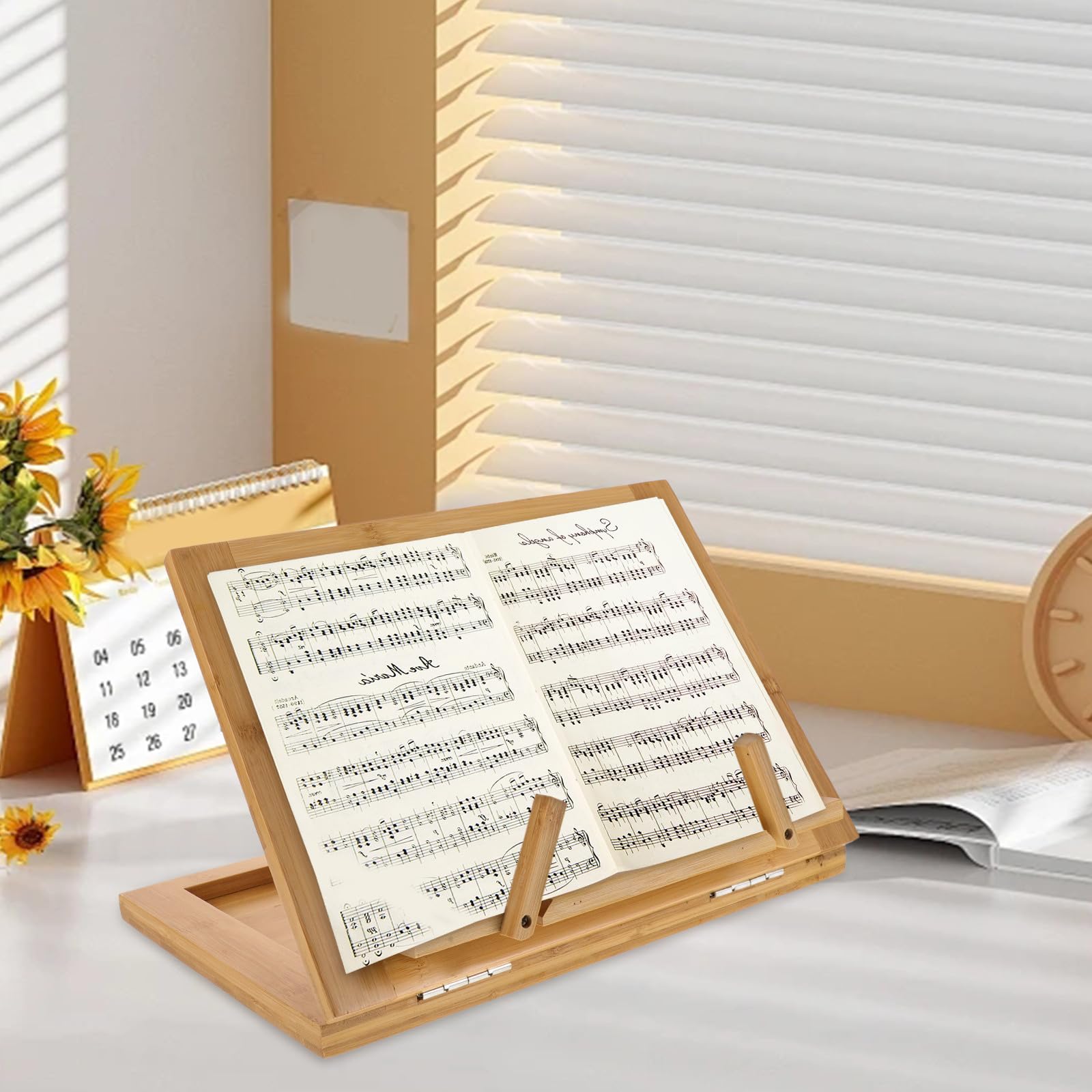 POPETPOP Pupitre Partition Portable en Bambou Beige pour Livres et Partitions, Support de Musique Compact Protection, pour Lecture et Installation Musicale