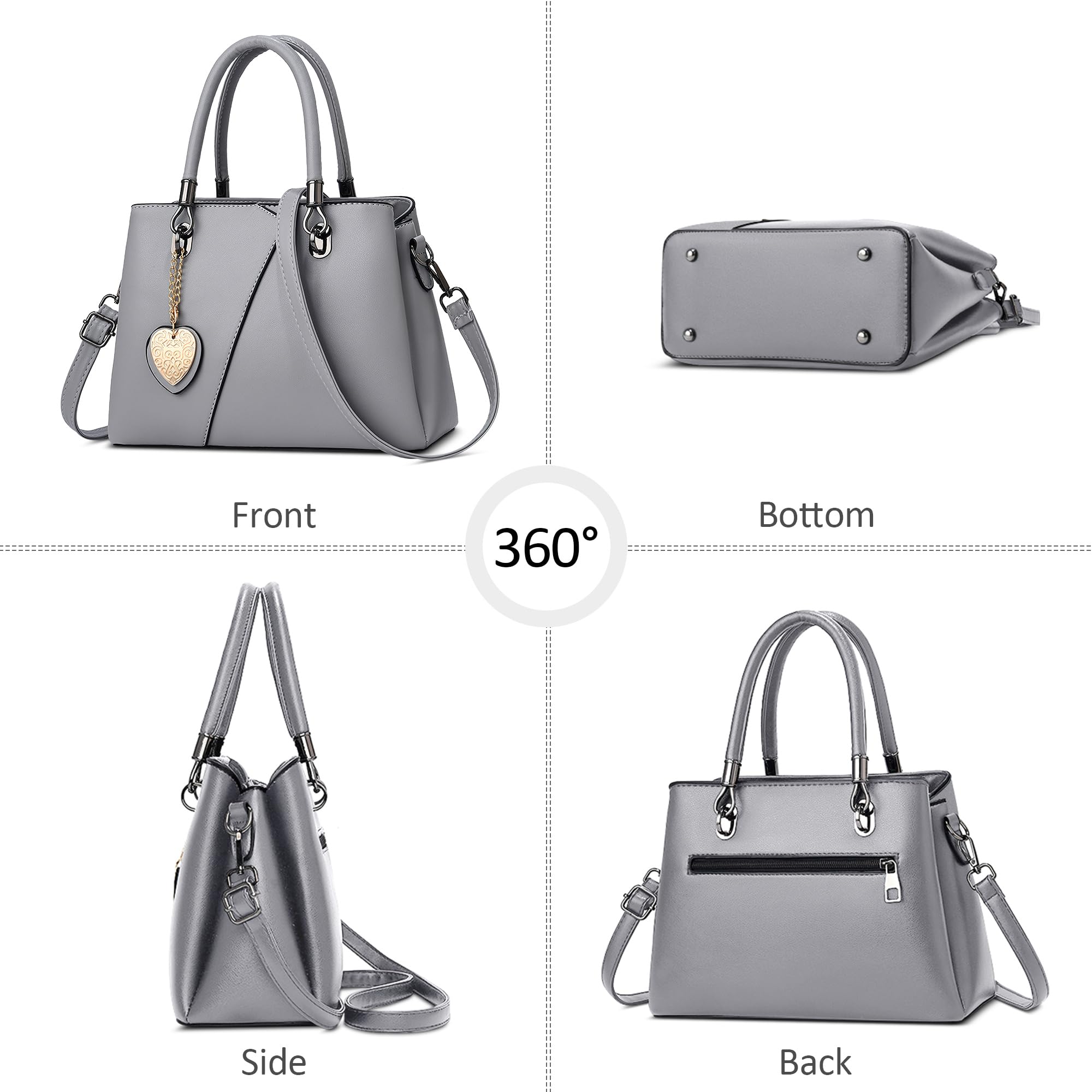 Élégant Sac à Main Femmes Medium PU Cuir Sac à Poignée Sac à Bandoulière avec Mode Pendentif Sac Fourre D'épaule pour Voyage Travail Achats Quotidien Date Femme Sac à Messager Gris