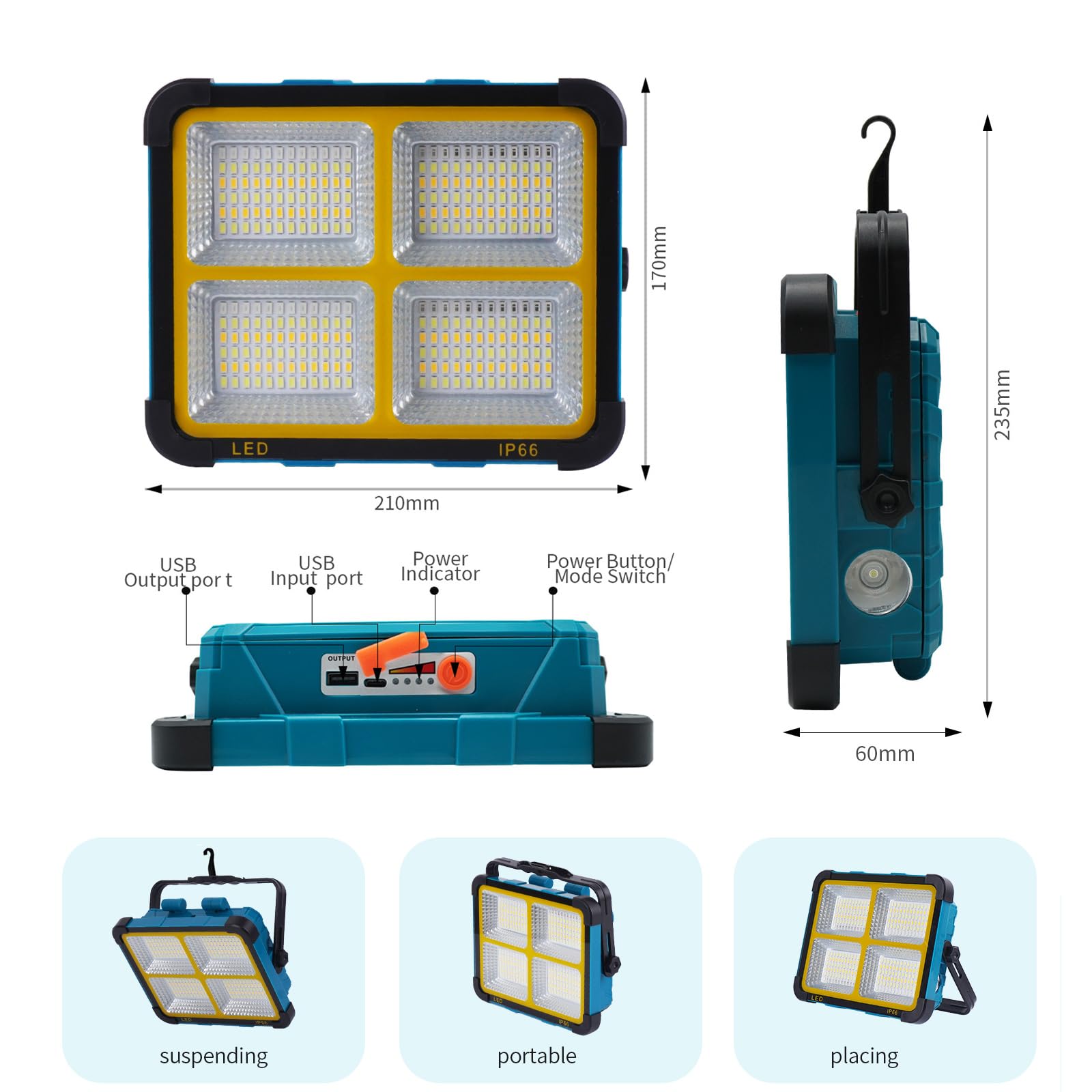 Faro LED Ricaricabile 150W,Fosingut Faretto LED Esterno con Doppio Pannello Solare Portatile,11000mAh Batteria Lampada Emergenza Proiettore Luce da Lavoro,Campeggio,Cantiere,Pesca,Riparazione Auto-2p
