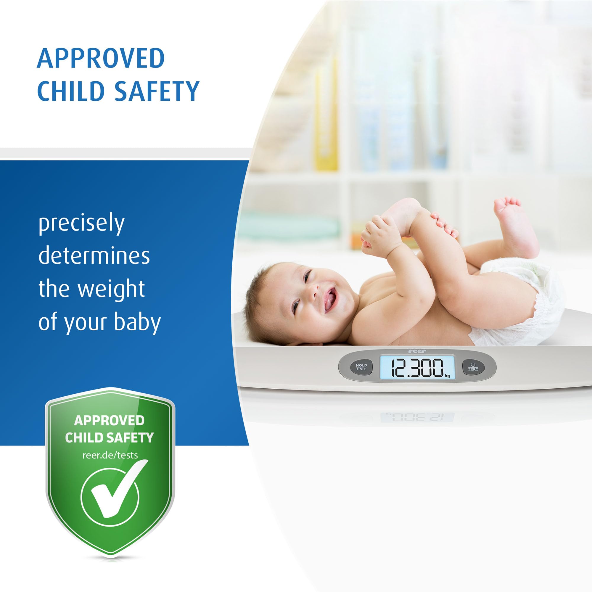 reer BabyCare - Báscula ergonómica para recién nacidos/bebés, peso máximo de 25 kg, cinta métrica integrada, función Hold y tarier, pantalla LCD iluminada, precisión de 5 g