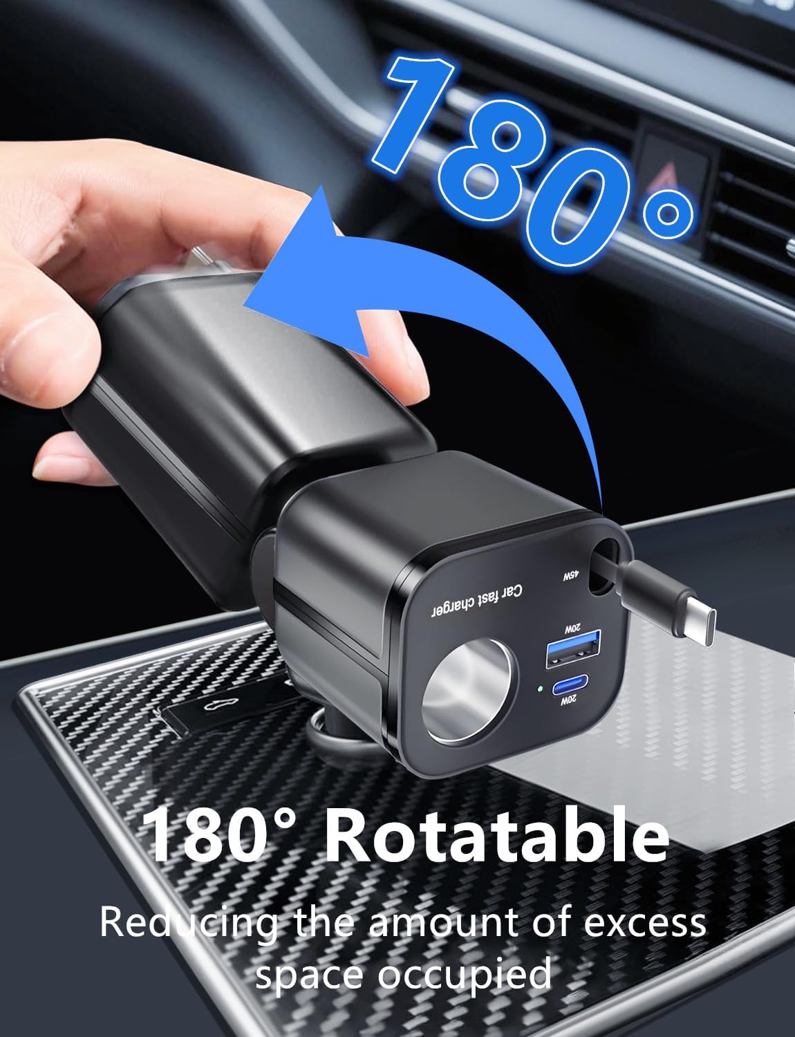 4 in 1 Retractable Car Charger, [60% Smaller] 145W USB C Cigarette Lighter Adapter, Socket Splitter with Retractable Cable&USB-C/A Port, 12V/24V Fast Charging Car Phone Charger for iPhone 17 Pro Max