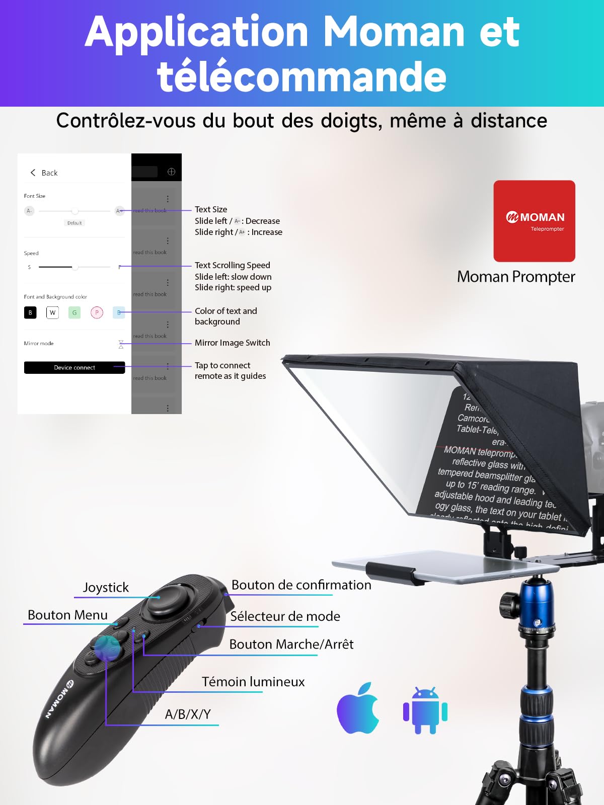Moman MT16 Prompteur téléprompteur 16" compatible avec iPad/tablette/smartphone avec application et enregistrement à distance des appareils photo reflex numériques/caméras vidéo, prompteur vidéo