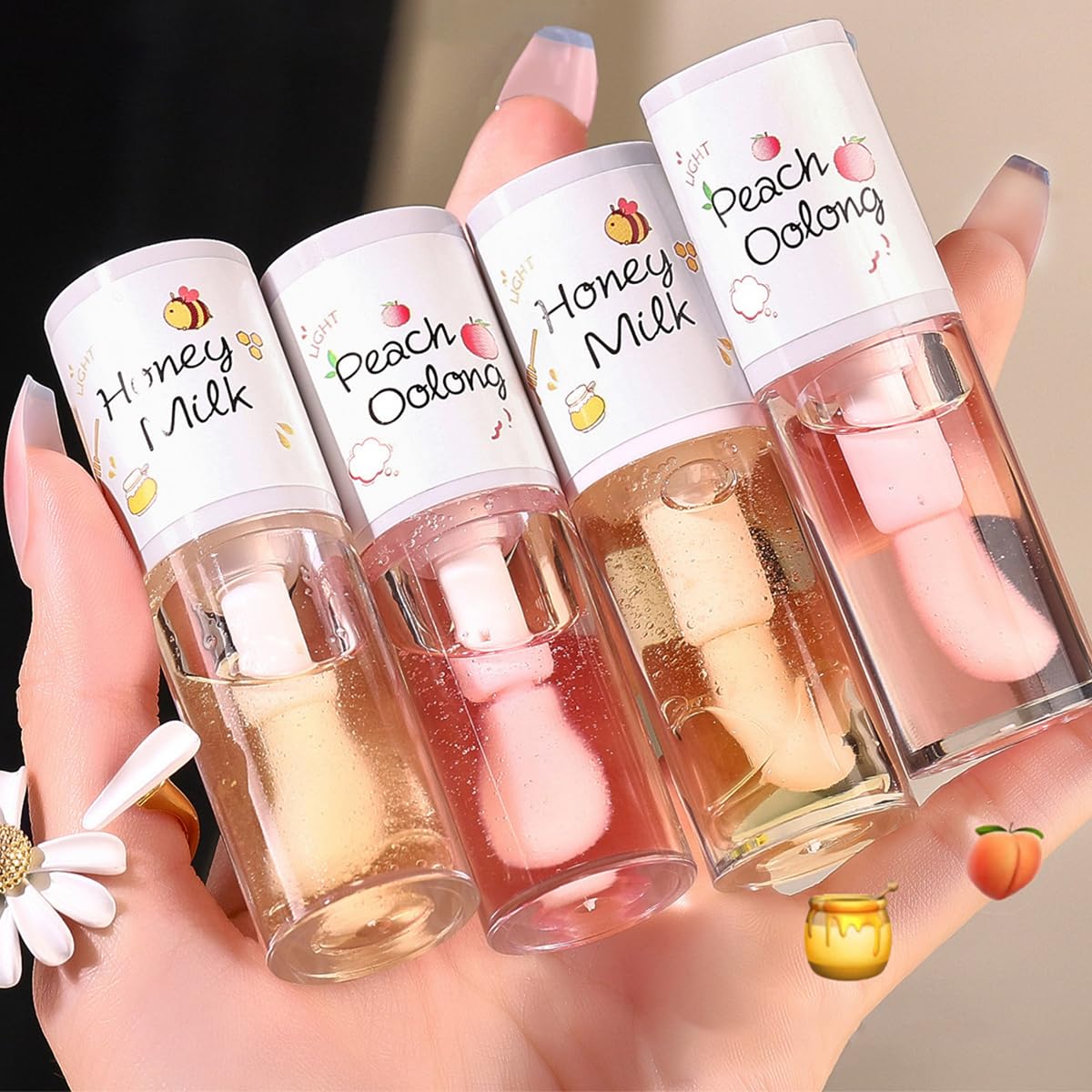 4PCS Hydrating Clear Lip Oil,Jelly Honey Lip Gloss Oil,Korean Big Brush Lip Oil,Long-lasting Moisturizing Nourishing Lip Balm,Plumping Lip Fresh Texture Clear Lip Gloss,Makeup Lip Care Tools
