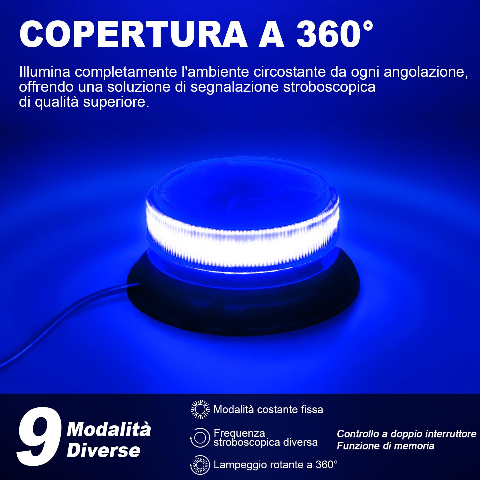 antom lampeggiante blu,12V-24V LED lampeggiante led 9 Modalità Luce LED Stroboscopica Impermeabile con 3m Cavo Alimentazione Base Magnetica Lampeggiante Auto per Camion Trattore