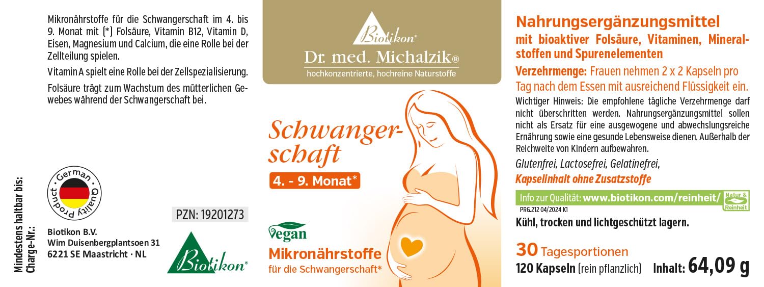 Schwangerschaft Dr. Michalzik, 800 µg Folsäure, 150 Kapseln | Mit Folsäure, DHA Omega-3, Eisen und Calcium • vegane Kapseln • eigene deutsche Produktion • ohne Zusätze