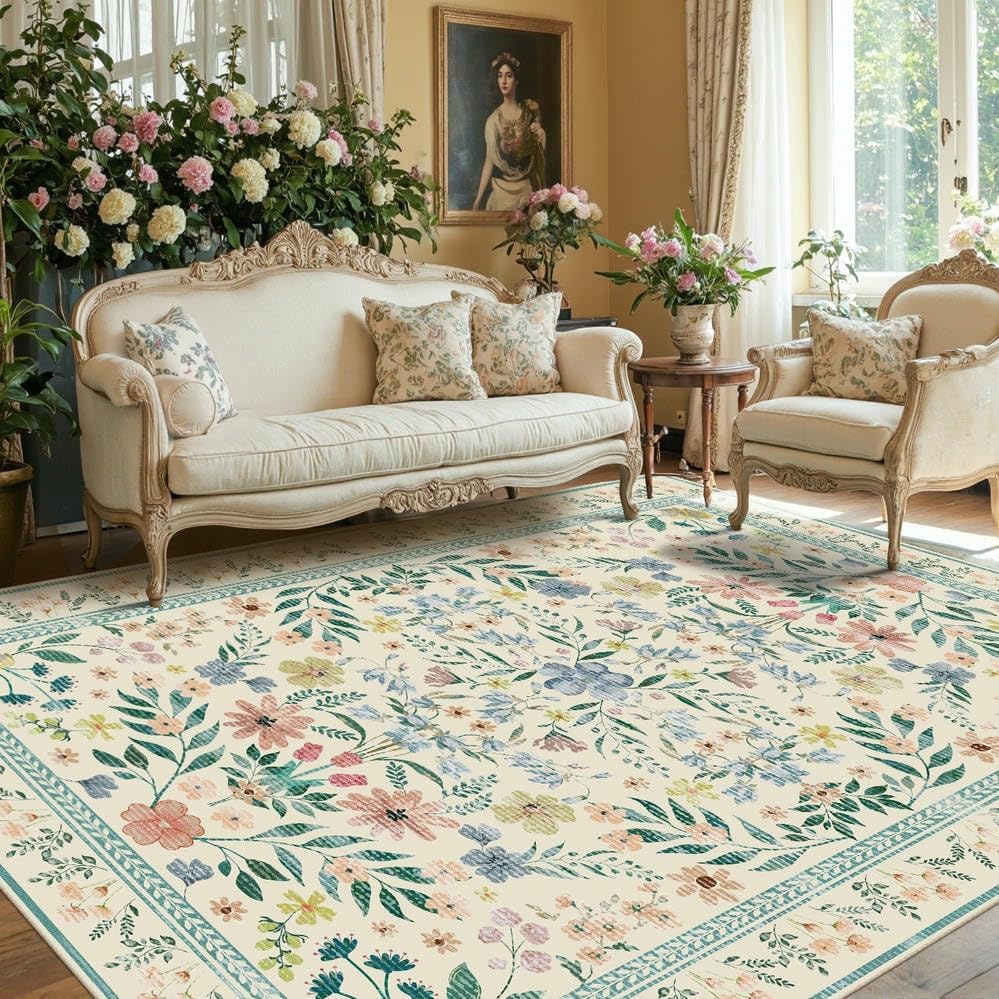 Floral Rug for Living Room Bedroom, 5x7 Washable Rug, Green Vintage Boho Area Rug, Large Non Slip Low Pile Wool Carpet for Indoor Dining Room,Girls Room,Nursery Room and Kids Room(Green 5x7ft) - Image 2