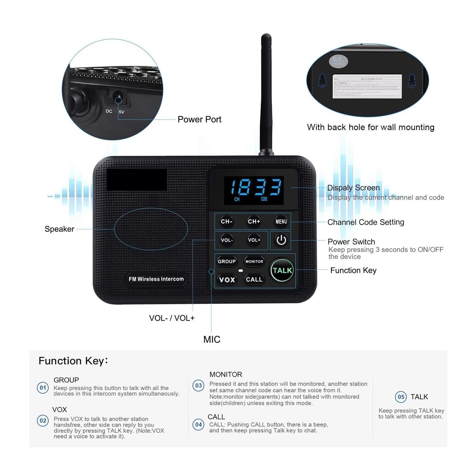 Interphone, Interphones sans Fil FM à 22 canaux Accueil Maison Bureaux d'affaires Appel de Chambre à Chambre & Système Parlant Longue portée de 1 Mille pour Les Entreprises(6 Unit White)
