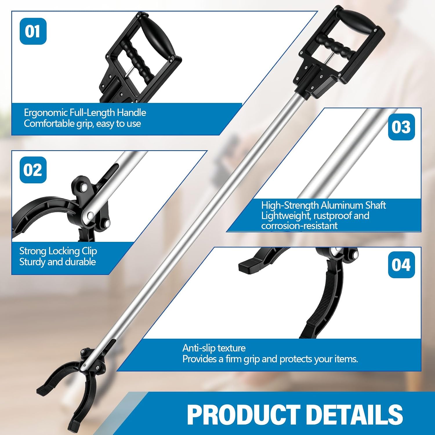 4 Pack Grabber Reacher Tool for Elderly, 31" Lightweight Reaching Aid with Full Handle, Trash Claw Grabber Pickup Stick for Seniors Recovery Nursing Home Use (Black)