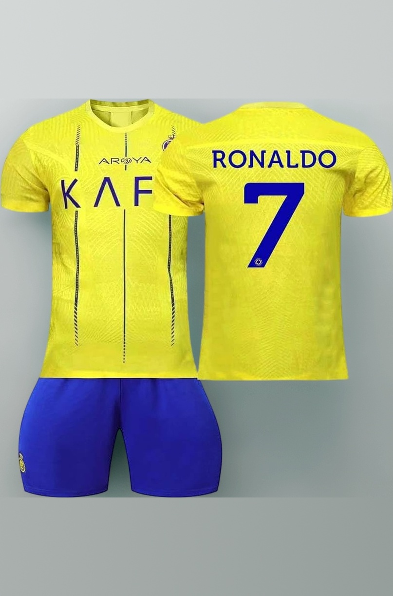 AL-NASR Ronaldo 7 Kids Football Jersey Set T-Shirt and Short KAFD (13-14y, Yellow)
