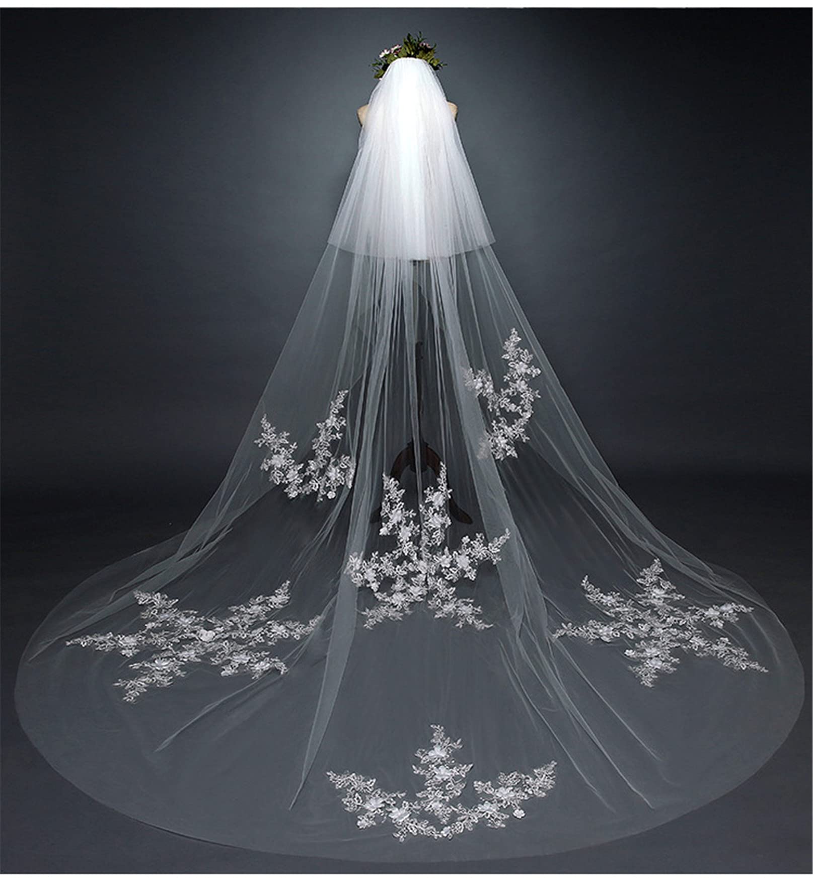 Velo Sposa Che Trascina Lungo Doppio Strato Veli da Sposa Fiore 3D Bordo Pizzo Applique Marry Chapel Accessori per Capelli Elegante Morbido Tulle con Pettine