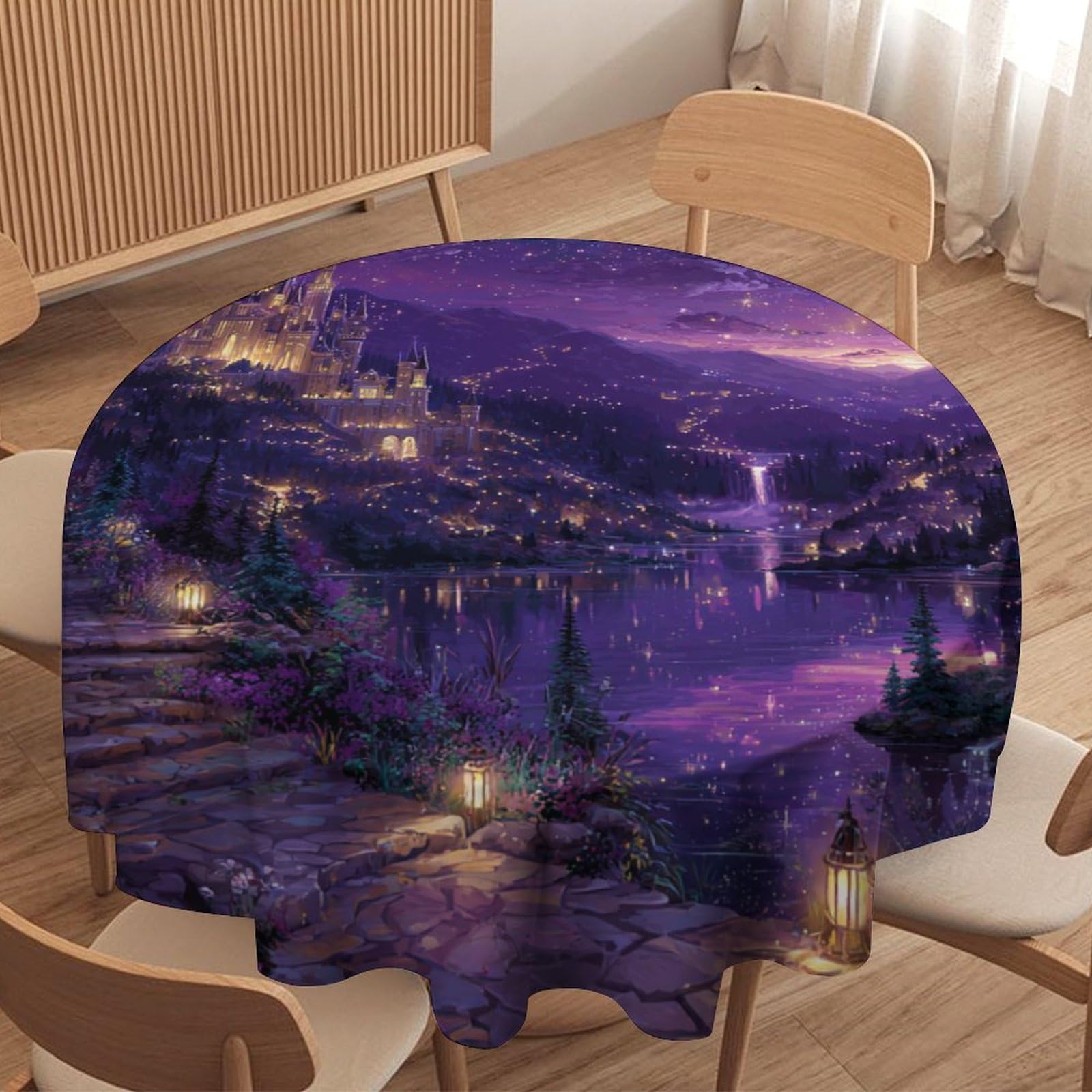 Luyysky Colorful Vintage Fantasy Castle Waterproof Round Tablecloth Classic Romantic Moon Starry Sky Galaxy Lake Plant Floral Washable Table Cover For Kitchen-152.4" Wx152.4 L Cm