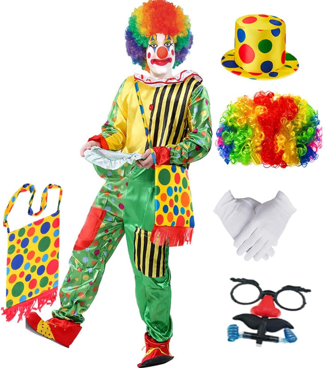 7pcs Clown Costume Set, Jumpsuit with Wig Bag Hat Gloves Glasses Holloween Adult Teens Clown Outfit Party Dress up - Image 3