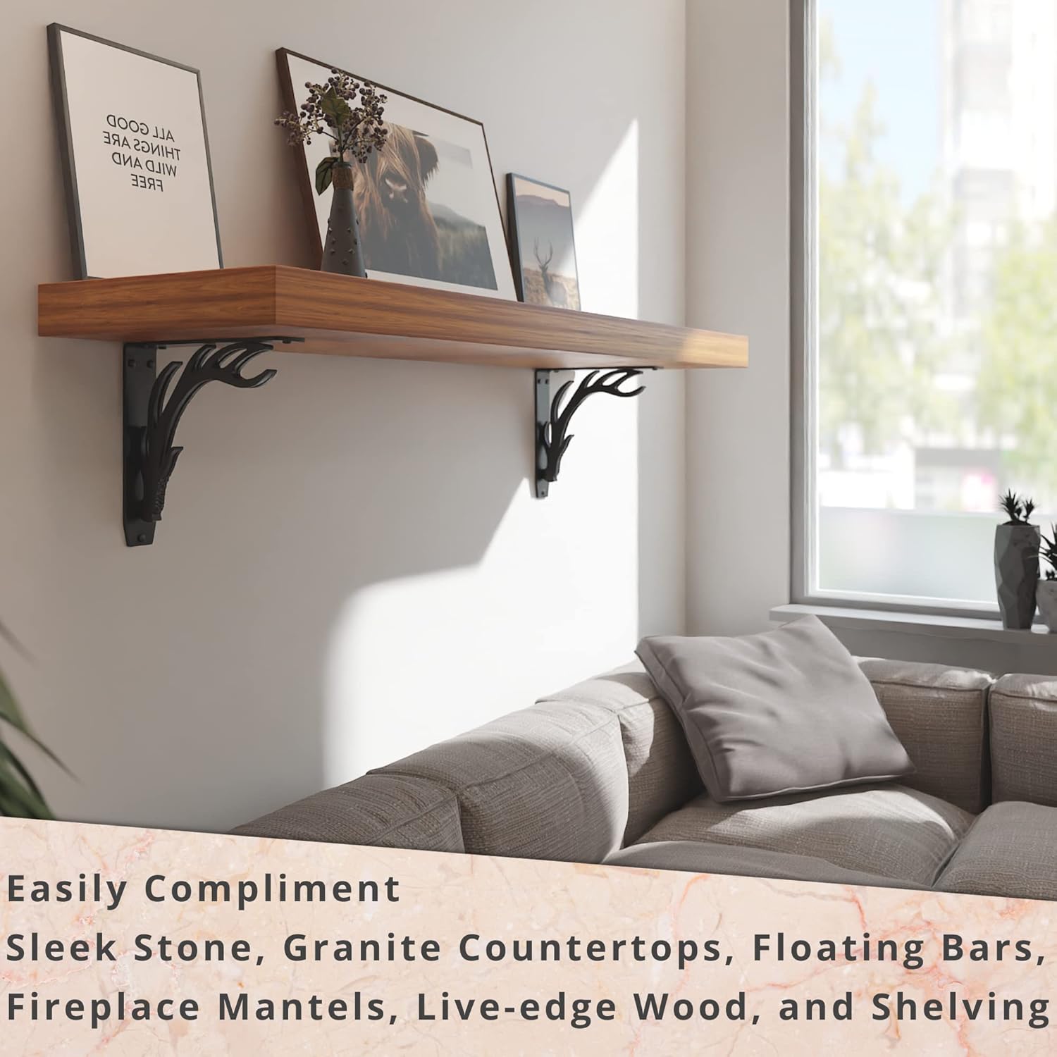 Starby Elk Lodge Antler Heavy Duty Steel Fireplace Mantel Brackets, Floating Shelf, Countertop Support, Log Cabin - Hand Welded (2 Pack) (10 x 10 x 2)