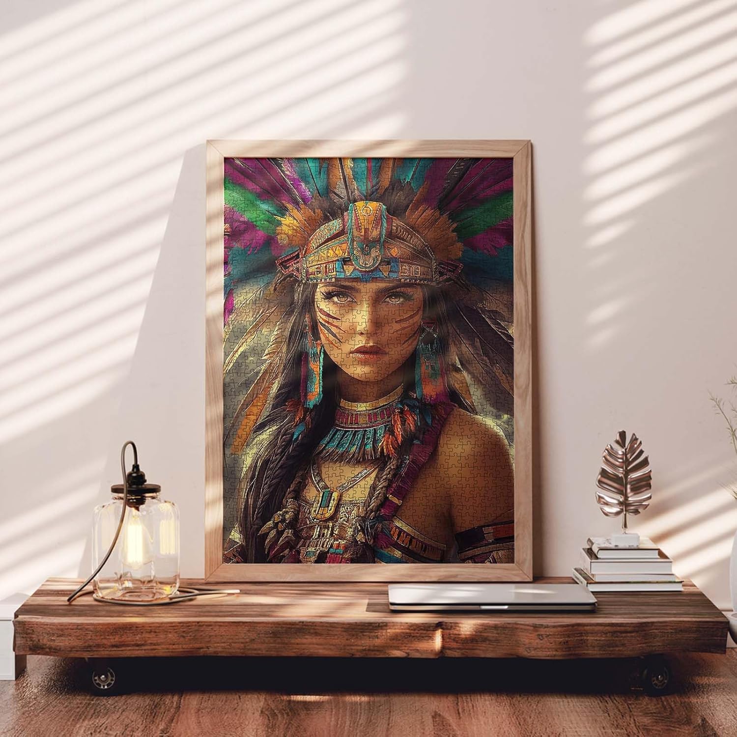 Aztec Woman Feathered Headdress Armor Jigsaw Puzzle 1000 Pieces for Adults, Jungle Native American Woman Art Puzzles Colorful DIY Crafts Puzzles for Home Decor Gifts, Perfect for Game Nights
