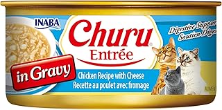 INABA Churu Entrée in Gravy for Cats, High Moisture, Prebiotic Wet Cat Food, 5.5oz Cans, 24 Cans Total Chicken Recipe with Cheese